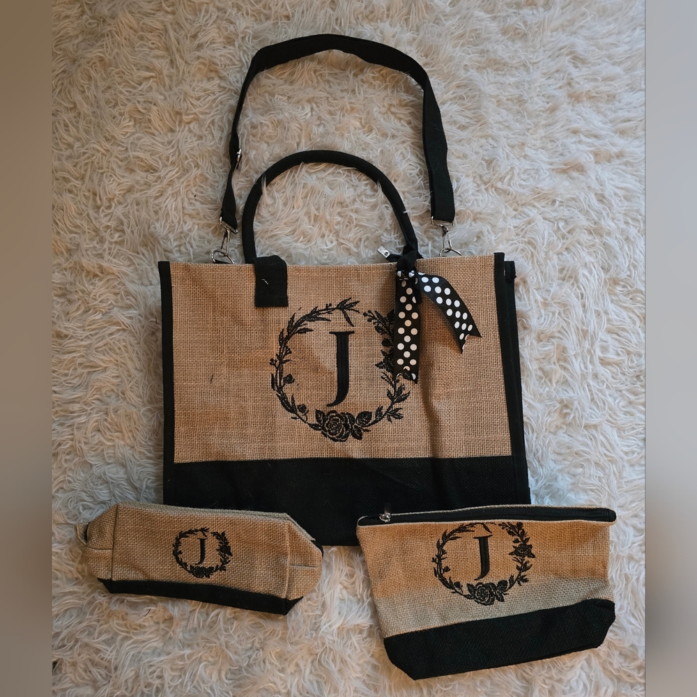 Women's Jute Tote Bag, Initial  “J” Wirh Makeup Bag & Toiletries Bag-NEW